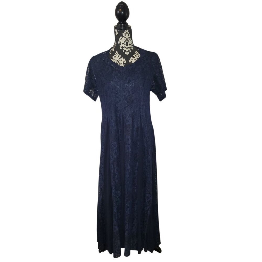 VTG Nostalgia Chiffon Lace Blue Sheer Overlay Maxi Dress Sz L Ethereal Witchcore